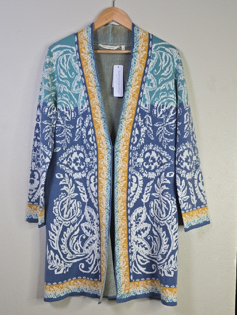 Soft Surroundings Vitrine Blue, Teal & Mustard Paisley Cardigan Duster M NWT